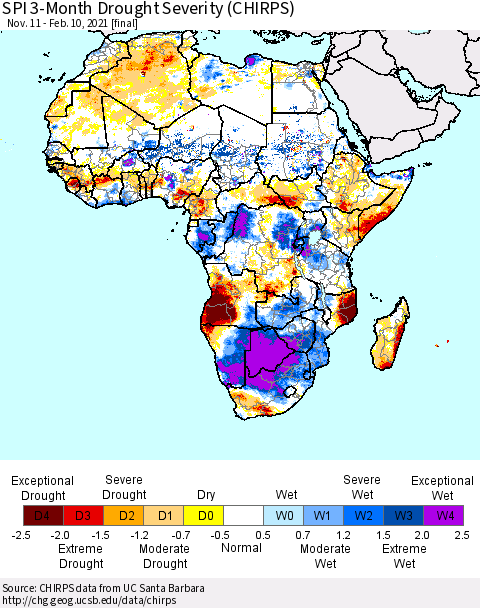 Africa SPI 3-Month Drought Severity (CHIRPS) Thematic Map For 11/11/2020 - 2/10/2021
