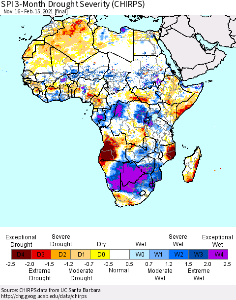 Africa SPI 3-Month Drought Severity (CHIRPS) Thematic Map For 11/16/2020 - 2/15/2021