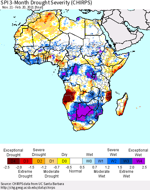 Africa SPI 3-Month Drought Severity (CHIRPS) Thematic Map For 11/21/2020 - 2/20/2021