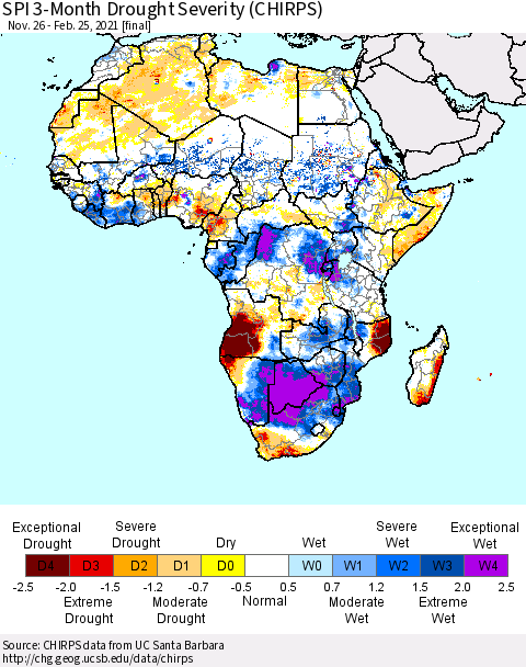 Africa SPI 3-Month Drought Severity (CHIRPS) Thematic Map For 11/26/2020 - 2/25/2021