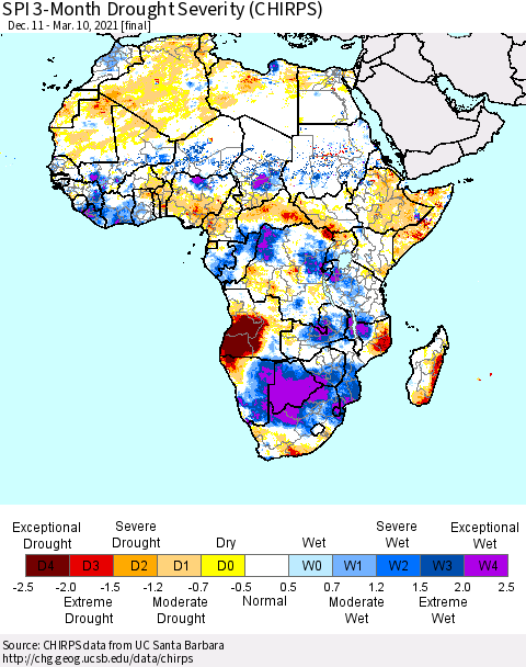 Africa SPI 3-Month Drought Severity (CHIRPS) Thematic Map For 12/11/2020 - 3/10/2021