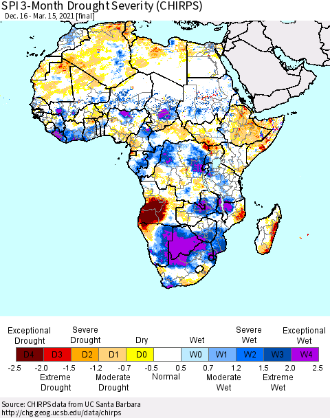 Africa SPI 3-Month Drought Severity (CHIRPS) Thematic Map For 12/16/2020 - 3/15/2021