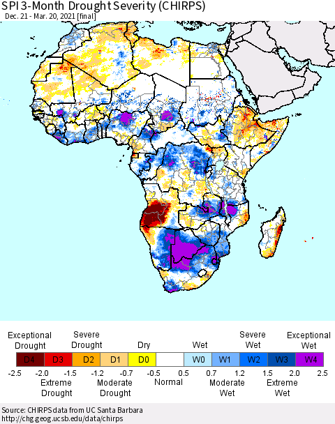 Africa SPI 3-Month Drought Severity (CHIRPS) Thematic Map For 12/21/2020 - 3/20/2021
