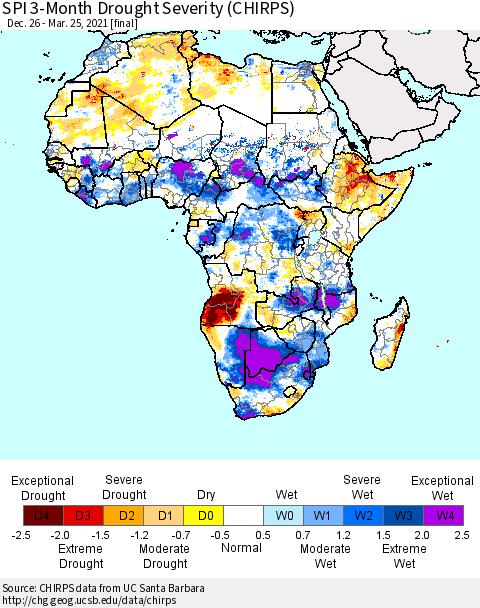 Africa SPI 3-Month Drought Severity (CHIRPS) Thematic Map For 12/26/2020 - 3/25/2021