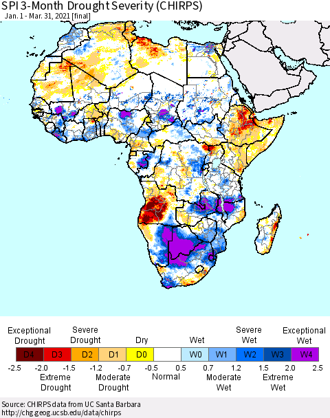 Africa SPI 3-Month Drought Severity (CHIRPS) Thematic Map For 1/1/2021 - 3/31/2021