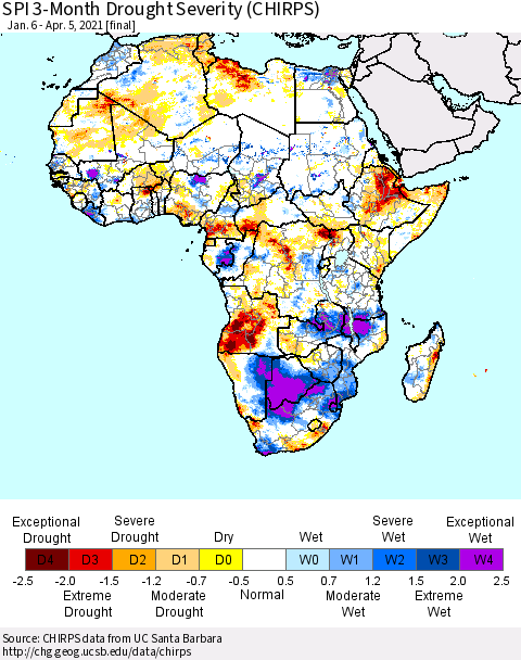 Africa SPI 3-Month Drought Severity (CHIRPS) Thematic Map For 1/6/2021 - 4/5/2021