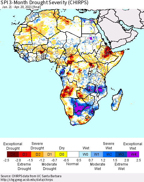 Africa SPI 3-Month Drought Severity (CHIRPS) Thematic Map For 1/21/2021 - 4/20/2021