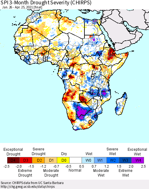 Africa SPI 3-Month Drought Severity (CHIRPS) Thematic Map For 1/26/2021 - 4/25/2021