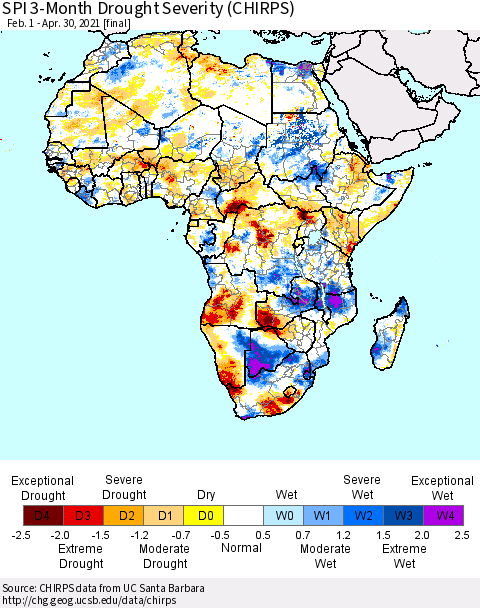 Africa SPI 3-Month Drought Severity (CHIRPS) Thematic Map For 2/1/2021 - 4/30/2021