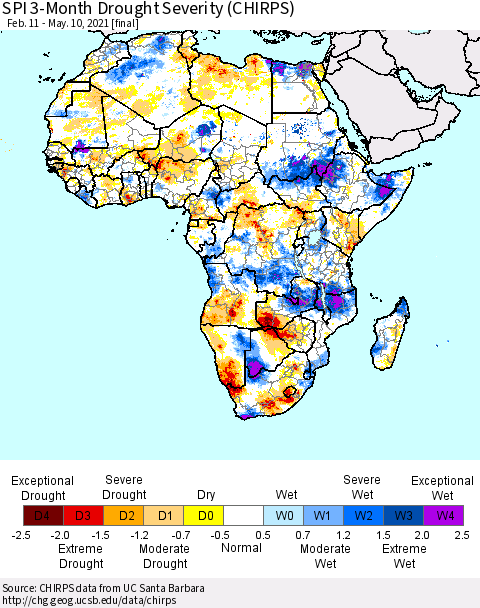 Africa SPI 3-Month Drought Severity (CHIRPS) Thematic Map For 2/11/2021 - 5/10/2021