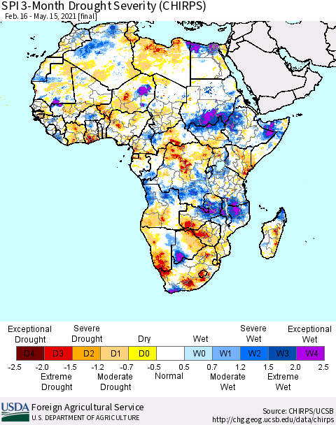 Africa SPI 3-Month Drought Severity (CHIRPS) Thematic Map For 2/16/2021 - 5/15/2021