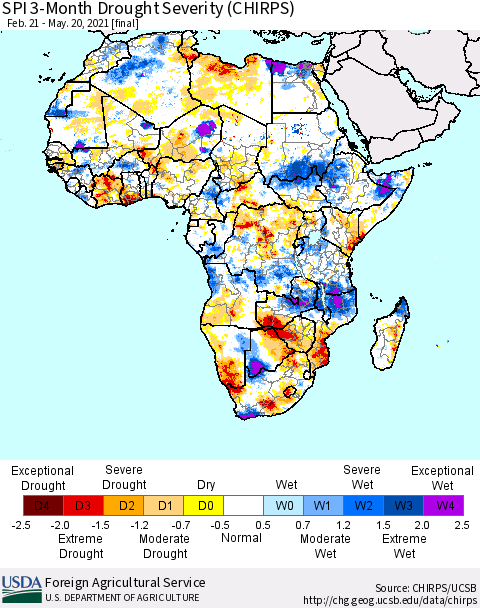 Africa SPI 3-Month Drought Severity (CHIRPS) Thematic Map For 2/21/2021 - 5/20/2021