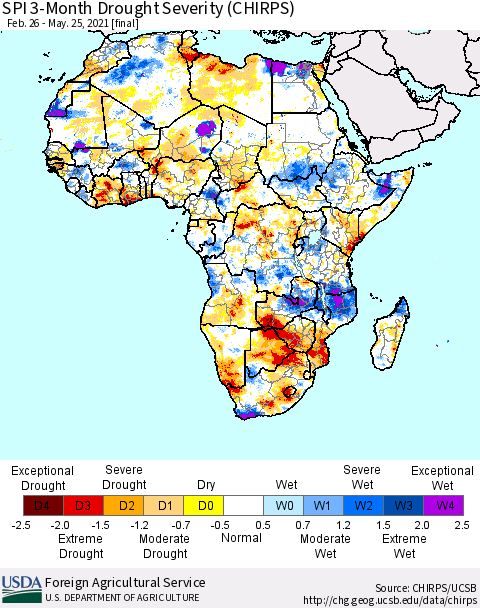 Africa SPI 3-Month Drought Severity (CHIRPS) Thematic Map For 2/26/2021 - 5/25/2021