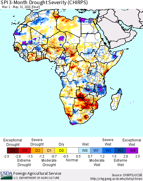 Africa SPI 3-Month Drought Severity (CHIRPS) Thematic Map For 3/1/2021 - 5/31/2021