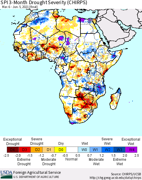 Africa SPI 3-Month Drought Severity (CHIRPS) Thematic Map For 3/6/2021 - 6/5/2021
