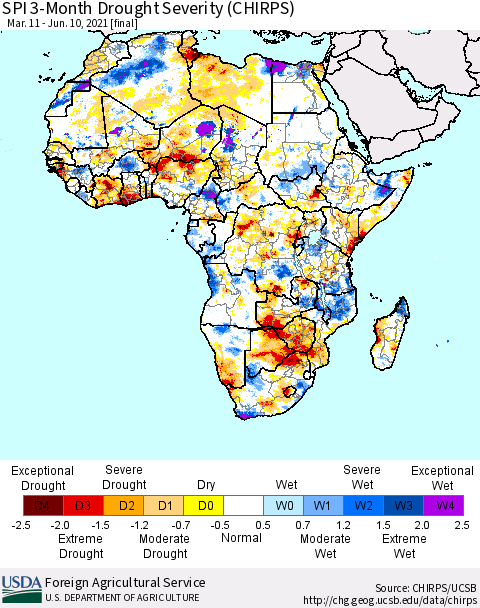 Africa SPI 3-Month Drought Severity (CHIRPS) Thematic Map For 3/11/2021 - 6/10/2021