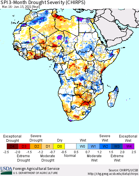 Africa SPI 3-Month Drought Severity (CHIRPS) Thematic Map For 3/16/2021 - 6/15/2021