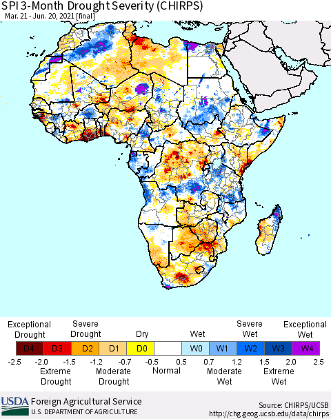 Africa SPI 3-Month Drought Severity (CHIRPS) Thematic Map For 3/21/2021 - 6/20/2021