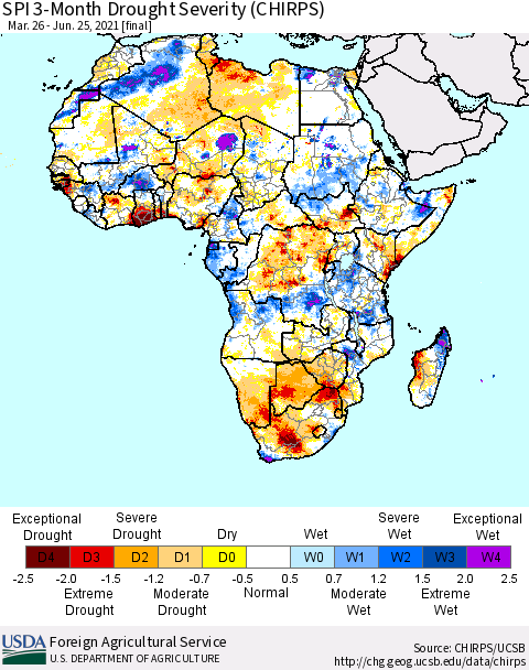 Africa SPI 3-Month Drought Severity (CHIRPS) Thematic Map For 3/26/2021 - 6/25/2021