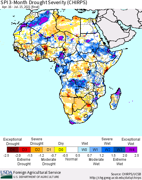 Africa SPI 3-Month Drought Severity (CHIRPS) Thematic Map For 4/16/2021 - 7/15/2021