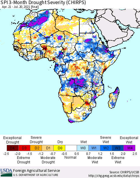 Africa SPI 3-Month Drought Severity (CHIRPS) Thematic Map For 4/21/2021 - 7/20/2021