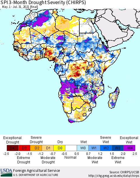 Africa SPI 3-Month Drought Severity (CHIRPS) Thematic Map For 5/1/2021 - 7/31/2021