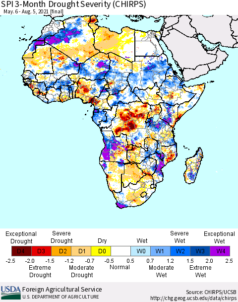 Africa SPI 3-Month Drought Severity (CHIRPS) Thematic Map For 5/6/2021 - 8/5/2021