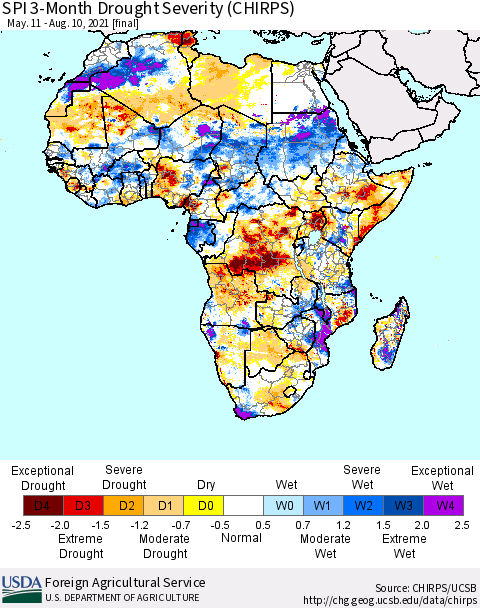 Africa SPI 3-Month Drought Severity (CHIRPS) Thematic Map For 5/11/2021 - 8/10/2021