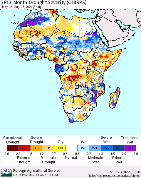 Africa SPI 3-Month Drought Severity (CHIRPS) Thematic Map For 5/16/2021 - 8/15/2021