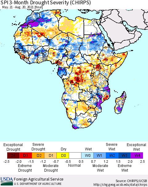 Africa SPI 3-Month Drought Severity (CHIRPS) Thematic Map For 5/21/2021 - 8/20/2021