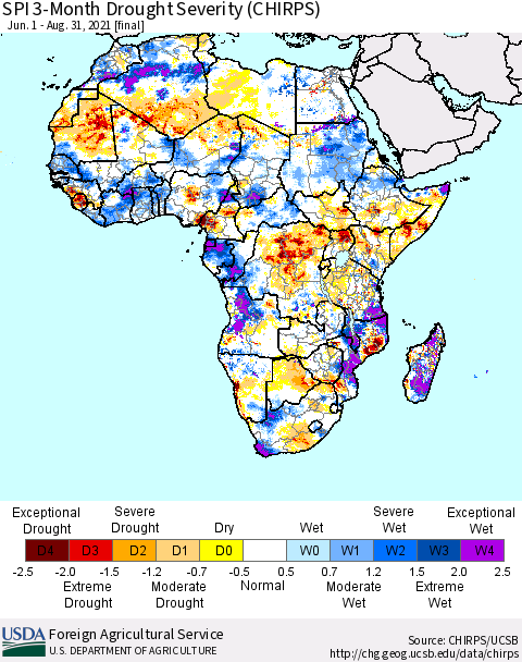 Africa SPI 3-Month Drought Severity (CHIRPS) Thematic Map For 6/1/2021 - 8/31/2021