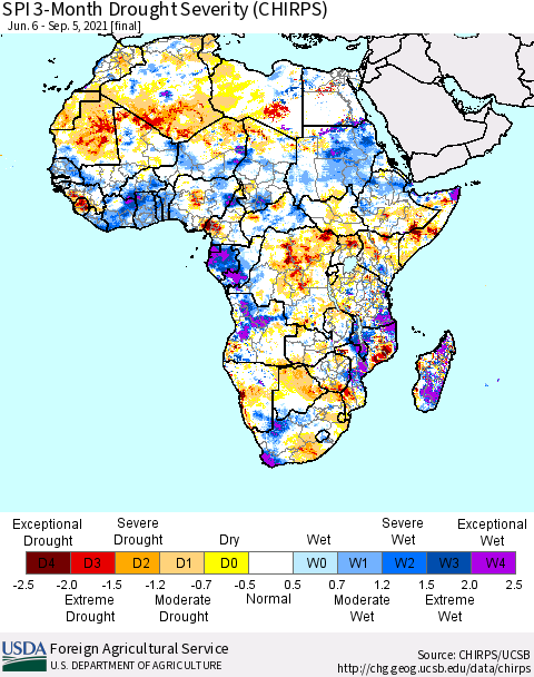 Africa SPI 3-Month Drought Severity (CHIRPS) Thematic Map For 6/6/2021 - 9/5/2021