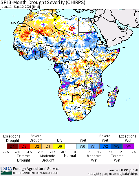 Africa SPI 3-Month Drought Severity (CHIRPS) Thematic Map For 6/11/2021 - 9/10/2021