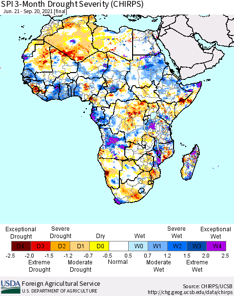 Africa SPI 3-Month Drought Severity (CHIRPS) Thematic Map For 6/21/2021 - 9/20/2021