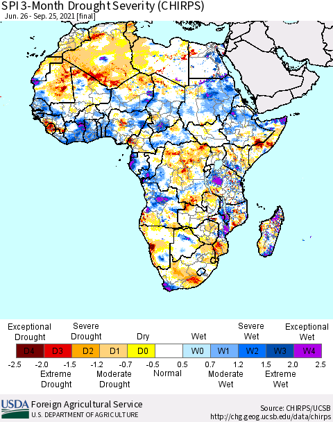 Africa SPI 3-Month Drought Severity (CHIRPS) Thematic Map For 6/26/2021 - 9/25/2021