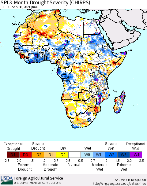 Africa SPI 3-Month Drought Severity (CHIRPS) Thematic Map For 7/1/2021 - 9/30/2021
