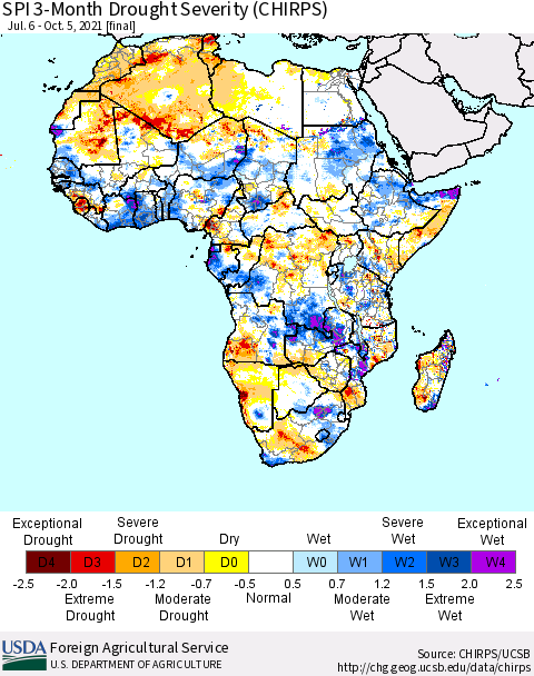 Africa SPI 3-Month Drought Severity (CHIRPS) Thematic Map For 7/6/2021 - 10/5/2021