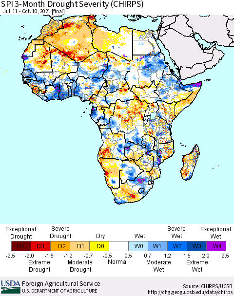 Africa SPI 3-Month Drought Severity (CHIRPS) Thematic Map For 7/11/2021 - 10/10/2021