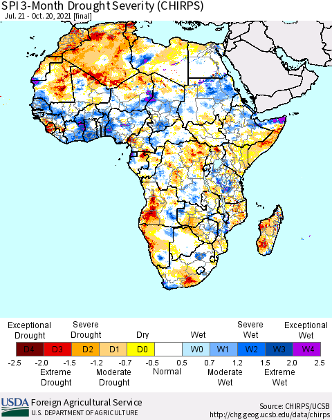 Africa SPI 3-Month Drought Severity (CHIRPS) Thematic Map For 7/21/2021 - 10/20/2021