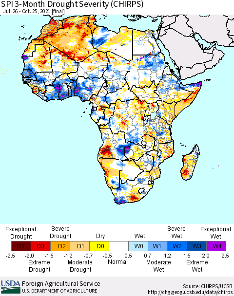 Africa SPI 3-Month Drought Severity (CHIRPS) Thematic Map For 7/26/2021 - 10/25/2021