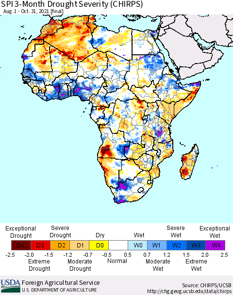 Africa SPI 3-Month Drought Severity (CHIRPS) Thematic Map For 8/1/2021 - 10/31/2021