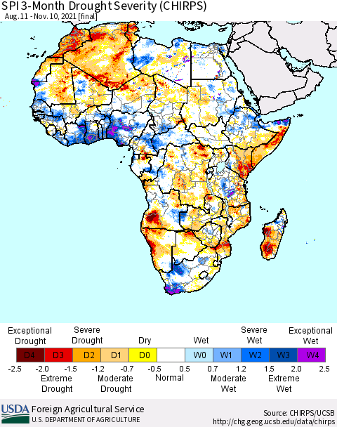 Africa SPI 3-Month Drought Severity (CHIRPS) Thematic Map For 8/11/2021 - 11/10/2021