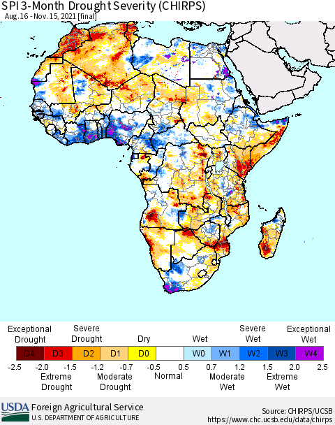 Africa SPI 3-Month Drought Severity (CHIRPS) Thematic Map For 8/16/2021 - 11/15/2021
