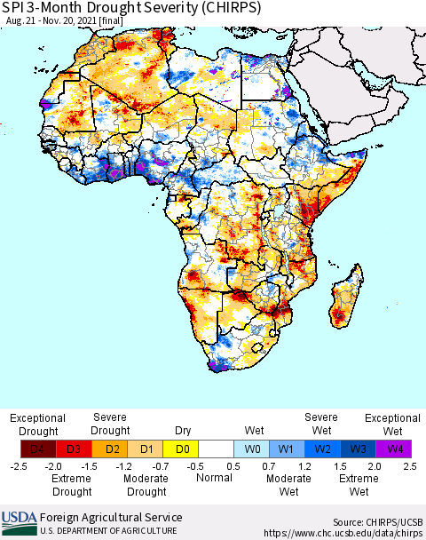 Africa SPI 3-Month Drought Severity (CHIRPS) Thematic Map For 8/21/2021 - 11/20/2021