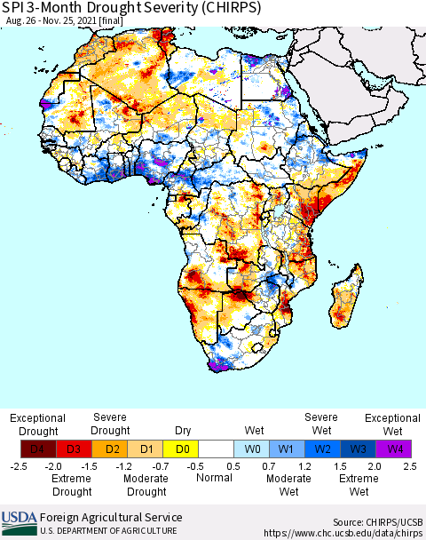 Africa SPI 3-Month Drought Severity (CHIRPS) Thematic Map For 8/26/2021 - 11/25/2021