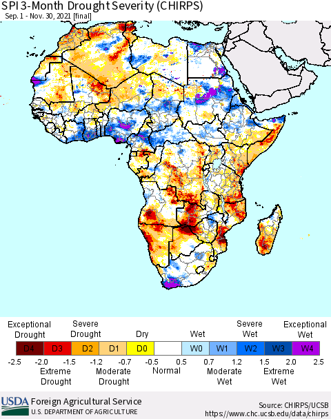 Africa SPI 3-Month Drought Severity (CHIRPS) Thematic Map For 9/1/2021 - 11/30/2021