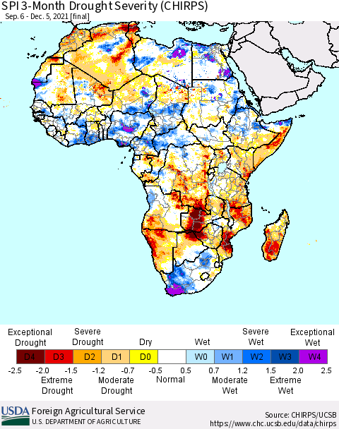 Africa SPI 3-Month Drought Severity (CHIRPS) Thematic Map For 9/6/2021 - 12/5/2021