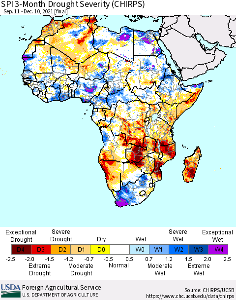 Africa SPI 3-Month Drought Severity (CHIRPS) Thematic Map For 9/11/2021 - 12/10/2021