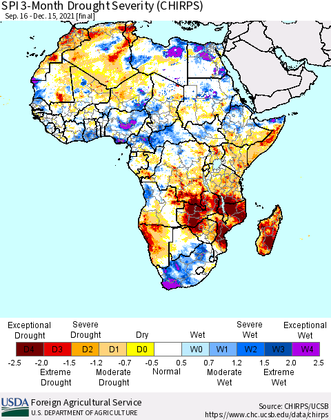 Africa SPI 3-Month Drought Severity (CHIRPS) Thematic Map For 9/16/2021 - 12/15/2021