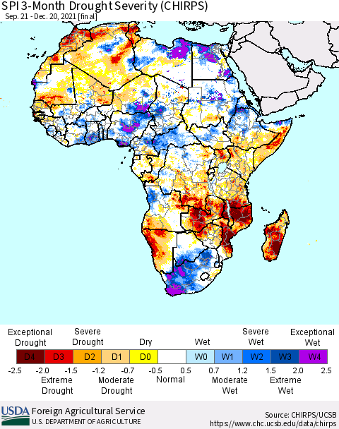 Africa SPI 3-Month Drought Severity (CHIRPS) Thematic Map For 9/21/2021 - 12/20/2021